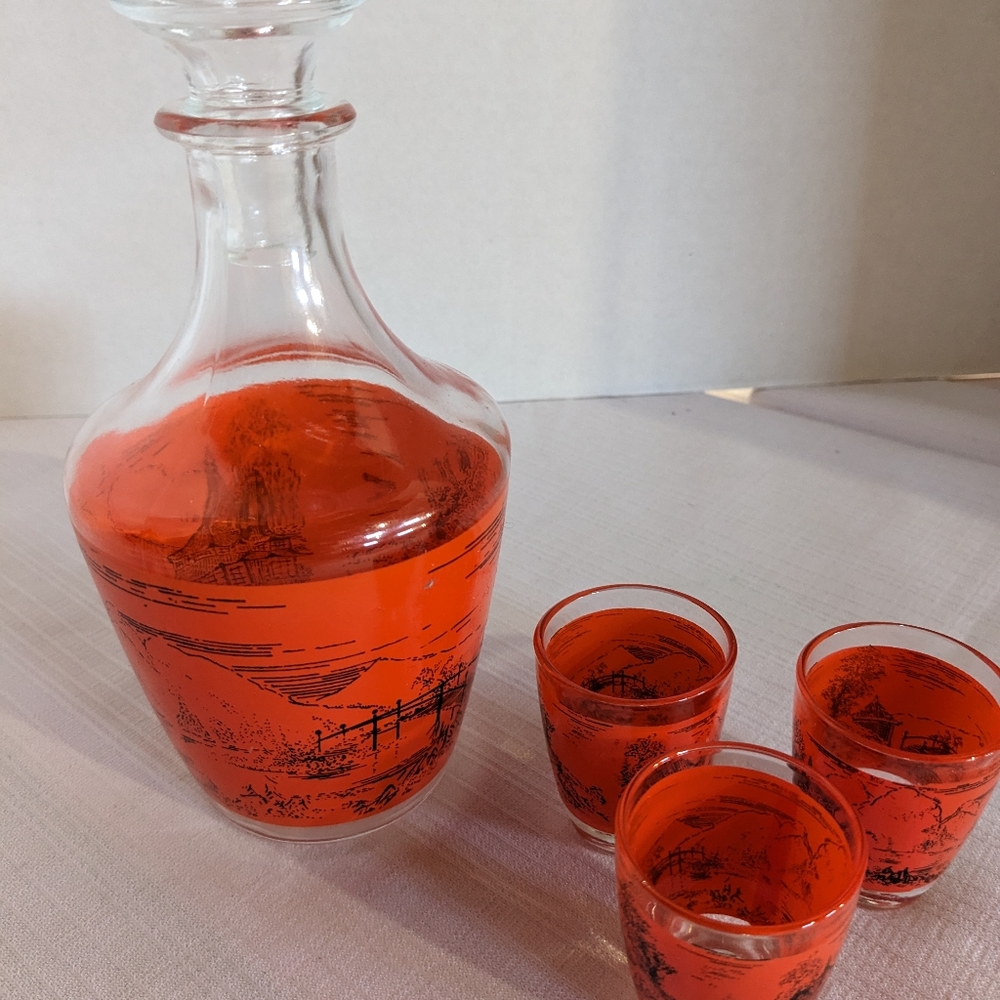 VTG France glass decanter, stopper & 3 glasses Asian inspired scene orange